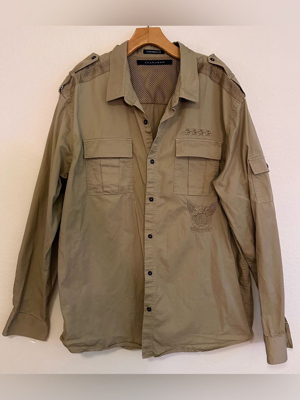 Sean John Shirt Button Tailored Fit Tactical Utility Cargo Mens 3XL Tan Military